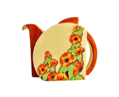 A Clarice Cliff teapot and cover, of Stamford shape, circa 1937, decorated in the 'Sunshine' pattern, printed marks, 11.5cm h