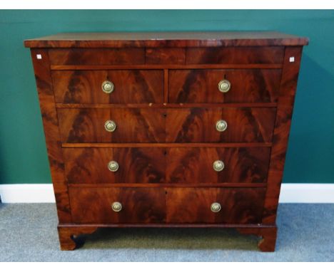 A 19th century Biedermeier style mahogany chest, with pair of secret drawers over two short and three long drawers, on bracke
