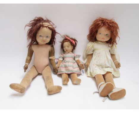 A Chad Valley felt doll, early-mid 20th century, label to foot, 31cm long, and two larger similar dolls (a.f) (3).