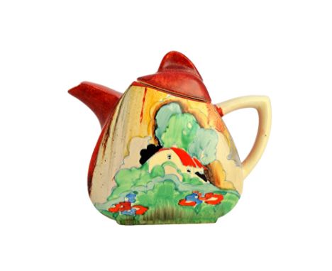 A Clarice Cliff teapot and cover, circa 1936, decorated in the 'Forest Glen' pattern, printed marks, 13cm high.  Illustrated