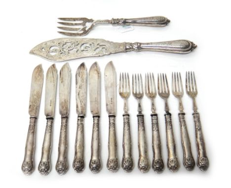 Late Victorian silver fish service table flatware, comprising; six fish knives, Sheffield 1890, six fish forks, Sheffield 188