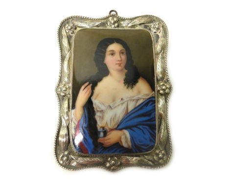 A silver mounted shaped rectangular frame, enclosing a rectangular continental ceramic plaque depicting a woman with an open 