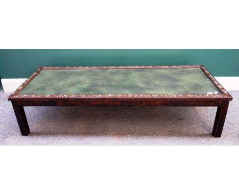 A pair of 20th century Chinese mother-of-pearl inlaid mirror inset rectangular coffee tables, on block supports, 53cm wide x 
