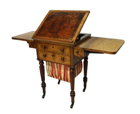 Probably Gillows; an early 19th century rosewood drop flap work table, with angle adjustable top on reeded supports, 71cm wid