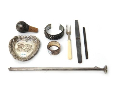 Silver and silver mounted wares, comprising; a late Victorian taper holder and flame extinguisher for a spirit kettle by S. M