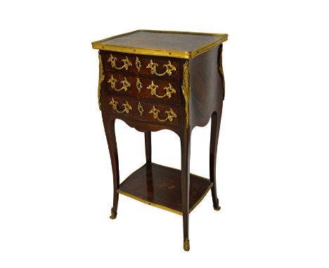 A Louis XV style marquetry inlaid gilt metal mounted three drawer petite commode, with platform undertier, 40cm wide x 76cm h