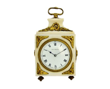 A French Louis XVI style white marble and ormolu mounted timepiece, late 19th century, with foliate loop handle and matching 