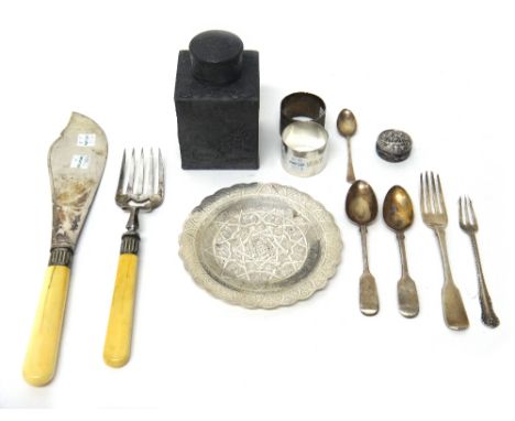 Silver, comprising; two napkin rings, three spoons and two forks, combined weight 164 gms, an Egyptian circular dish, with en