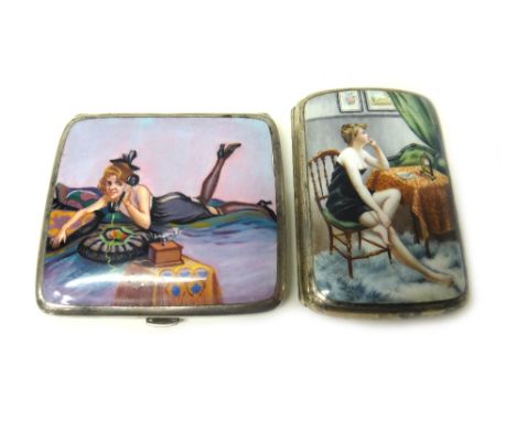 A silver plated and enamelled rectangular cigarette case, decorated with the figure of a seated lady beside a table, with a c