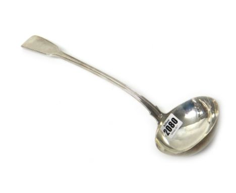 A late George III silver double struck fiddle and thread pattern soup ladle, London 1819, weight 245 gms.       