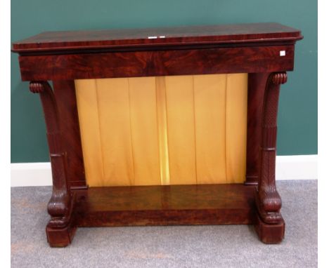 A mid-19th century French mahogany console table, with single drawer on a pair of dolphin supports, 113cm wide x 93cm high.