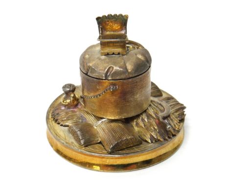 Three Russian gilt fittings from the cover of a container, comprising; a circular box and cover, the finial formed as a chair