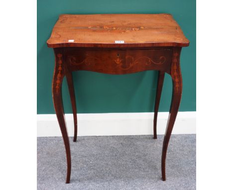 A Louis XV style marquetry inlaid fruitwood shaped single drawer occasional table on square cabriole supports, 52cm wide x 72