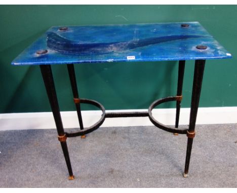 A 20th century side table, with moulded rectangular blue glass top on a wrought iron base, 91cm wide x 79cm high, together wi