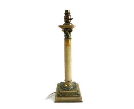 A gilt bronze and champlevé enamel onyx Corinthian column table lamp, early 20th century, 42.5cm high.  9
