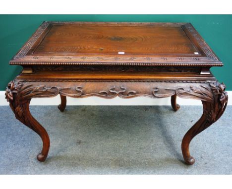 A late 19th century Chinese carved rectangular hardwood centre table, on cabriole supports, 120cm wide x 80cm deep.