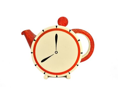 A Clarice Cliff Bizarre teapot and cover, of Bonjour shape, circa 1936, decorated to one side with a clock dial, printed mark