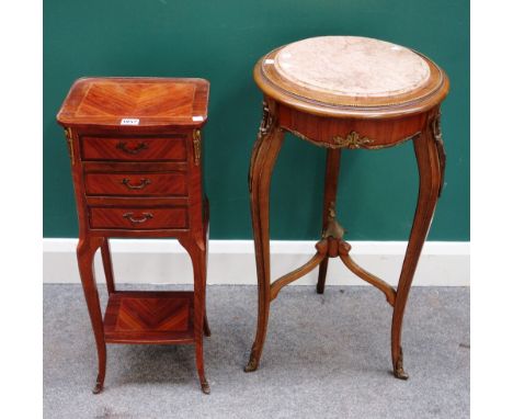 An early 20th century gilt metal mounted kingwood three drawer petite commode, 28cm wide x 71cm high, together with a marble 