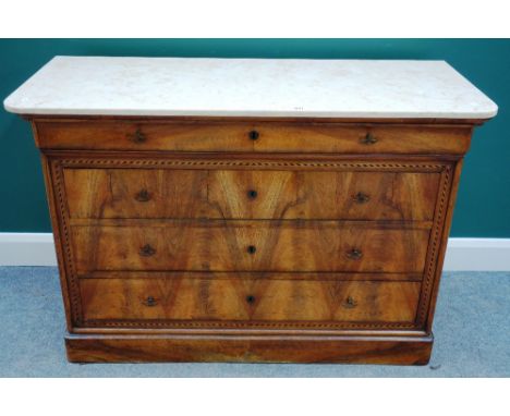A 19th century French commode, with marble top over inlaid walnut four drawer base, 129cm wide x 88cm high.