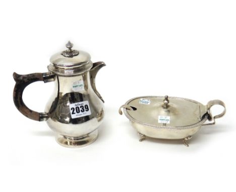 A baluster shaped hot water jug, with an ebonised handle, detailed 900, gross weight 367 gms and a large mustard pot, having 