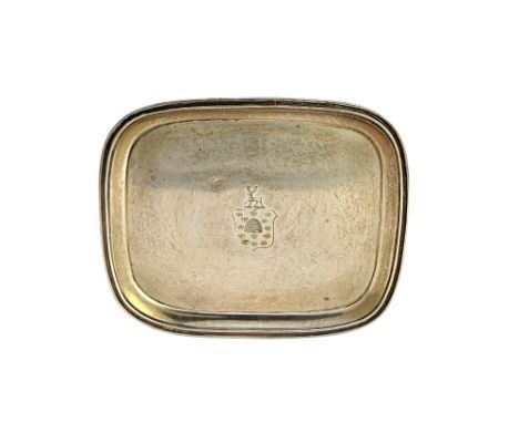 A George III silver teapot stand, of curved rectangular form, engraved with a shield and a crest, fitted with a wooden base, 