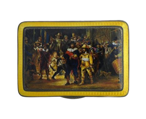 A silver gilt and enamelled rectangular hinge lidded box, the cover enamel decorated with 'The Night Watch' after Rembrandt, 