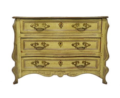 A 19th century French painted walnut serpentine three drawer commode on splayed feet, 111cm wide  80cm high.  Illustrated