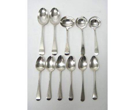 Silver Old English pattern table flatware, comprising; a pair of Irish sauce ladles, Dublin probably 1801, another sauce ladl