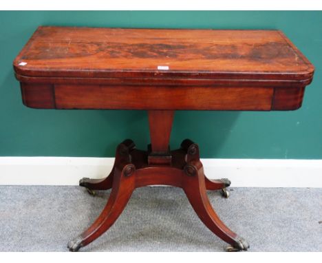 A late George III inlaid mahogany card table, on four downswept supports, 92cm wide x 75cm high,