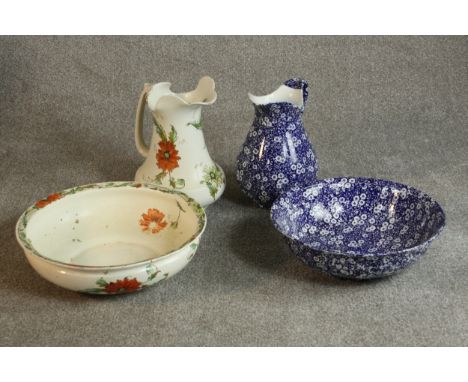 A Royal Crownford Staffordshire Calico Ironstone wash jug and basin, by Burgess &amp; Leigh, decorated with flowers in hues o