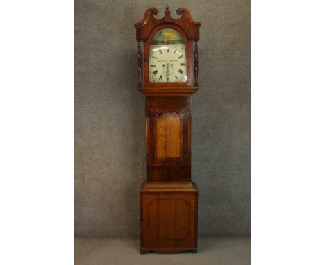 A George III mahogany and oak longcase clock, the hood with a swan neck pediment, the enamelled dial signed Jas Pratt, Stockt