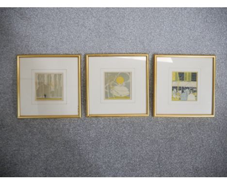 Three framed and glazed vintage woodblock prints, one of a couple in the woods, people outside a flower shop and a dancer and