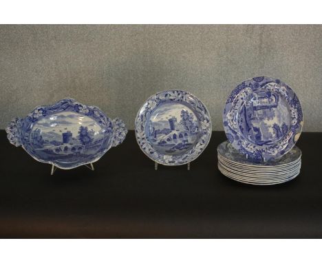 A group of Spode blue and white Lucano pattern transfer printed items, comprising a comport and plates. Dia.27cm. (largest) 