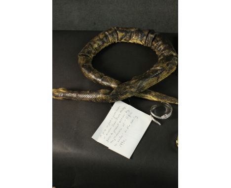 A collection of serpent design items, including a pair of hand painted snake design trinket trays, a stuffed snake, a brass c