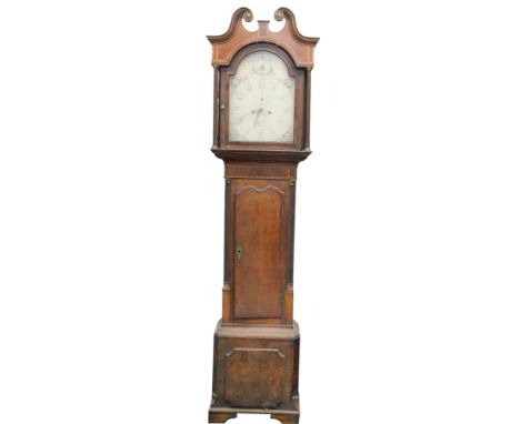 Banister, Lichfield. A 19thC longcase clock the arched dial painted with ships, boats, river landscapes, foliate scrolls, etc