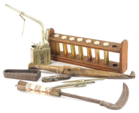 Various items, various pots of gold leaf a sickle with turned handle, probably tribal, 33cm high, metal mould, opium pipe, sh