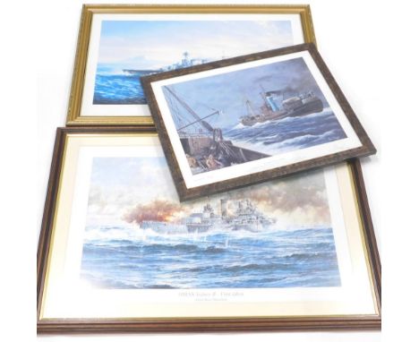 After Shardlow. HMS Sydney, II First Salvo print, 39cm x 61cm, after Wood, HMS Hood, print, Adrian Thompson (20thC) Sou'weste