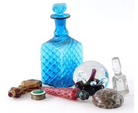 Various glassware, an early 20thC ruby and clear glass perfume bottle, of tapering form with metal mount and lid, 13cm high, 