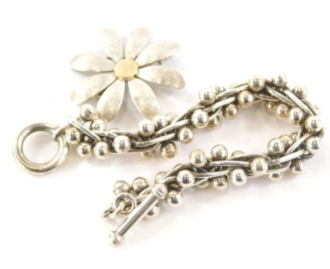 A group of jewellery, to include a silver bracelet, with interlinked elongated bar settings and ball ended clasps, with large