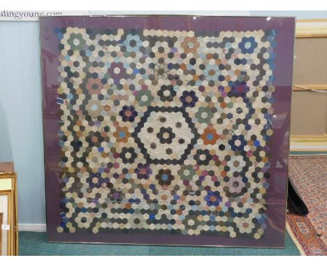 •20thC School. Geometric scrap quilt collage, floral pattern, glazed and framed, 112cm x 109cm.