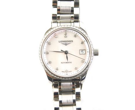 A Longines Master Collection ladies stainless steel automatic wristwatch, with mother of pearl dial, set with tiny diamonds, 