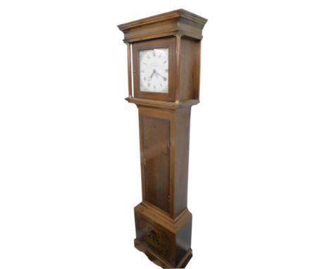 John Marshall, Chumleigh. A 19thC longcase clock, the square painted dial decorated with patera berries, leaves, etc., 30 hou