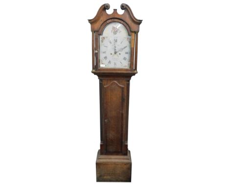 John Hargrave, Sleaford. A 19thC longcase clock, the arched painted dial decorated with flowers, gilt scrolls, etc., with sub