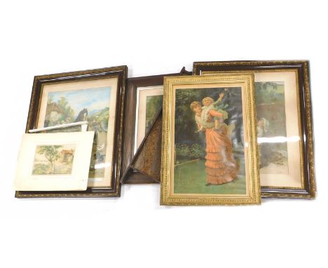A two fold painted screen, with tooled leather centre, 82cm high, Victorian  Pears prints, child on gate, other Pears style p