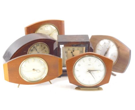 Various mantel clocks, an Edwardian mahogany and box wood example of shaped form, a Westclox teak cased bedside clock, 15cm h