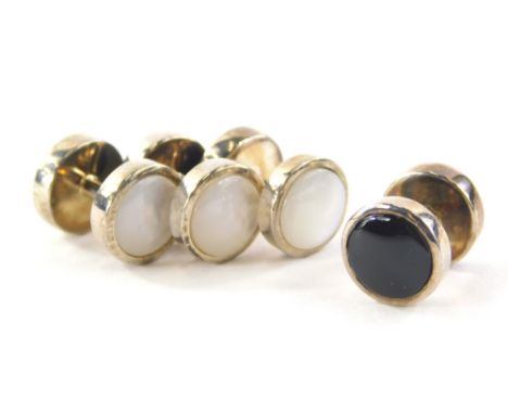 A group of collar studs and clips, to include a set of four mother of pearl and black polish stone silver cufflinks, modern c