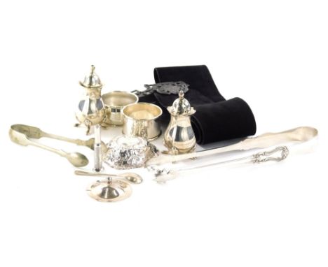 Various silver plated ware, etc., an Elizabeth II silver part cruet set, comprising salt and pepper pot, each of bulbous form
