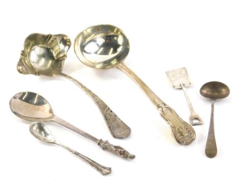 Various flatware serving spoons, etc., a George IV silver ladle, fiddle pattern, London 1828, 17cm wide, various other ladles