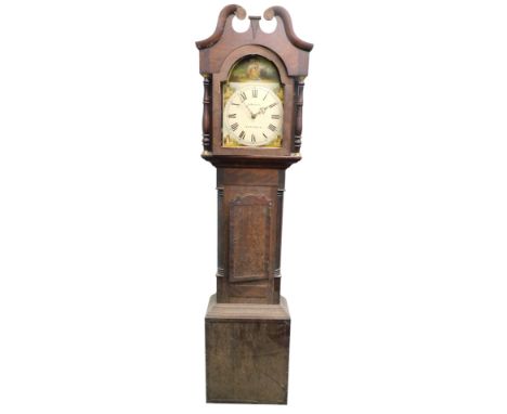 R Burrell, Collingham. A 19thC longcase clock, the arched painted dial, decorated with a lady within a rural landscape, churc