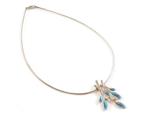 A Shiela Fleet silver and enamel necklace, the pendant section formed of two leaf sprays, with blue enamel detailing and set 